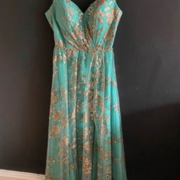 Teal and Gold Floral Prom Dress - Picture 2 of 10